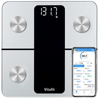 Vitafit bascula de baño digital, Fábrica Profesional DESDE 2001, Bascula Grasa Corporal y Muscular con App, Bascula Inteligente 13 Composición de Corporal Peso IMC Muscular, 180kg Plata