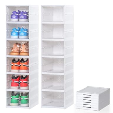 JULY'S SONG Cajas de zapatos apilables, paquete de 6 unidades, transparentes, de plástico duro, color blanco, caja de zapatos con tapa hasta talla 44, fácil montaje