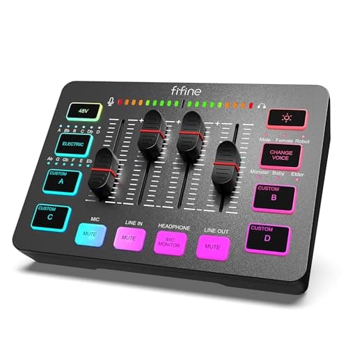 FIFINE Mezclador de Audio, RGB Streaming Gaming Audio Mixer PC con Interfaz de XLR, Gaming Audio Mixer con Control Individual, Control de Volumen, Botón de Silencio, Alimentación Phantom de 48V