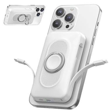 Mag Safe+ Power Bank iPhone 20000 mAh, 22.5W Magnético Bateria Externa Carga Rapida, 4-in-1 Cargador Portátil Inalámbrico con Type-C & iOS Cables, wireless powerbank with Ring Holder para iPhone 16-12