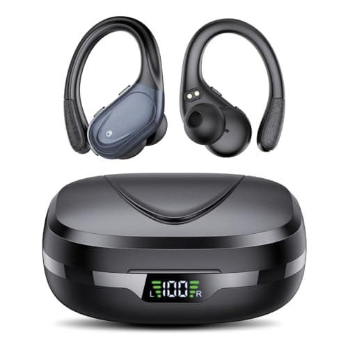 Auriculares Inalambricos, Auriculares Bluetooth 5.3 Deportivos con Gancho de la Oreja, 60H de Reproducción, Pantalla LED, Llamada ENC HD, Profundamente Bajo, Ajuste Cómodo, IPX7 Impermeable(Negro).
