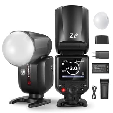 NEEWER Z2-N 2,4G TTL Flash Speedlite de Cabeza Redonda para Nikon, Speedlight 76Ws con Difusor de Cúpula, UI Mejorada, TTL/M TCM Tecla, 2 Lámparas Modelado 1/8000s HSS 7,4V/2600mAh Batería 480 Flash