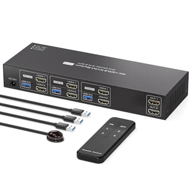 PVBCTCSID KVM Switch 3 PC 2 Monitores HDMI 4K@60Hz USB 3.0 KVM Switch 3 Puertos Dual Monitor Conmutador KVM para 3 ordenadores 2 monitores y 4 dispositivos USB3.0 con mandos a distancia y 3 cables USB