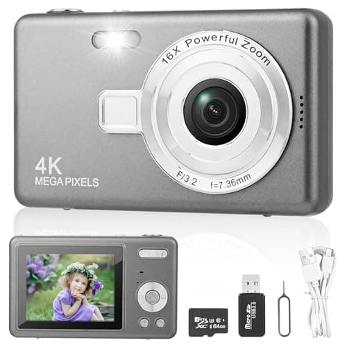Cámara Digital HD 4K, Cámara de Fotos con Tarjeta SD de 64 GB, HD 1080P Cámara Compacta 2,4 Pulgadas Portátil Recargable Cámara Fotos con Zoom 8X para Niños, Principiantes, Adulto (Gris Oscuro)
