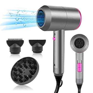 HappyGoo Secador de pelo iones Secadores de pelo profesional iónico, con boquilla de cabeza de soplado, Hair Dryer negativos portátil de 3 temperaturas (frío y caliente) (Gris)