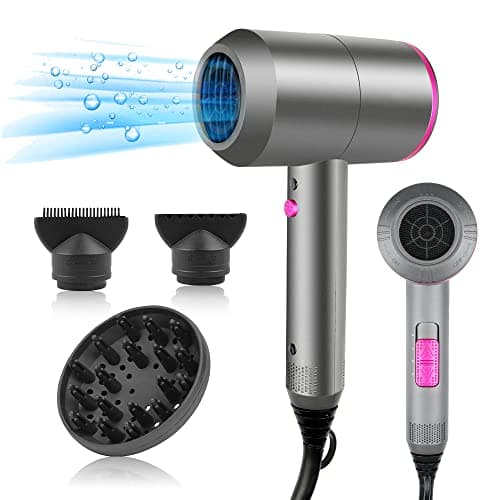 HappyGoo Secador de pelo iones Secadores de pelo profesional iónico, con boquilla de cabeza de soplado, Hair Dryer negativos portátil de 3 temperaturas (frío y caliente) (Gris)