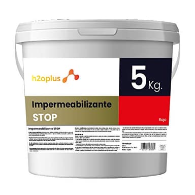 h2oplus · Pintura Plástica Impermeabilizante STOP · Pintura Impermeabilizante Terrazas y Azoteas · Producto NATURAL en base Agua · Bloque todo tipo de Filtraciones · 5 Kg ROJO TEJA