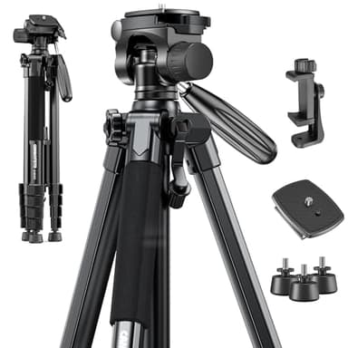 CAMBOFOTO Trípode Profesional de 74" (188 cm) para Cámaras DSLR, Smartphones y Dispositivos con Montaje Universal 1/4" - Cabezal Panorámico de 3 Vías, Ligero y Compacto (Negro)