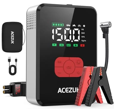 ACEZUK 6000A Arrancador de Baterias de Coche con 150PSI Compresor de Aire, Arrancador Coche Portatil con Inflador(Todo Gas o 12.0L Diésel), 12 Jump Starter, Pantalla Grande LCD, 600 Lúmenes LED
