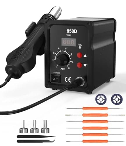 FAOKZE Estación de soldadura de aire caliente 700W,858D Hot Air Soldering Rework SMD Station 100°C-480°C,estación de soldadura con accesorios con 3 nozzles,2 pinzas,2 rollos de hilo para soldar.