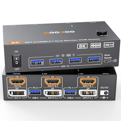 Dual Monitor KVM Switch HDMI DP 2 puertos 8K@60Hz/4K@144Hz,KVM Switch 2 monitores para 2 ordenadores comparten 2 monitores y 4 concentradores USB 3.0, controlador de escritorio y cable USB incluido