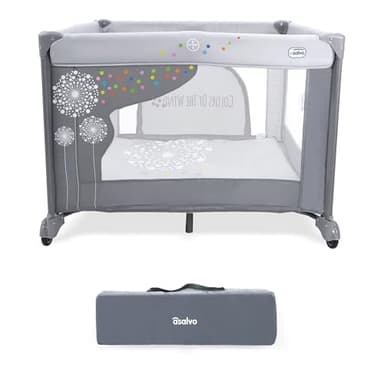 Asalvo SQUARE Parque Infantil Bebé 93x93cm, corralito Bebé plegable con Base Acolchada y Puerta Frontal, Parque Bebés para Casa, Con Malla Transpirable y Vallas con Protecciones, Diente de león Gris