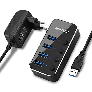 Hub USB 3.0 Alimentado RSHTECH Multi USB Hub 3.0 con 4 Puertos USB Distribuidor 3.0 Hub Datos con Fuente Alimentación 10W(5V/2A) e Interruptor Independiente, para Transferencia Datos, RSH-516