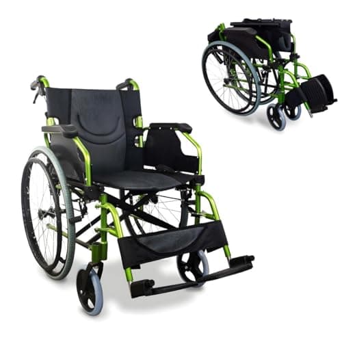Mobiclinic®, Bolonia, Silla de ruedas, Plegable y ligera, Aluminio, Con respaldo partido, Reposapiés desmontables, Reposabrazos abatibles, Para adultos, Verde