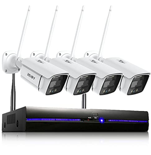 REIGY 3MP Kit Camara de Vigilancia WiFi Exterior con Spotlight, Sistema de Seguridad IP Interior 4X 1296P Camara y 8CH 5MP NVR, Visión Nocturna Colorida, Detección Movimiento Sin HDD