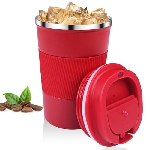 Relota Taza de Café 380mL Rojo, Termo Cafe para Llevar 304 Acero Inoxidable Reutilizables Vaso Termico Cafe Antigoteo para Coche, Termo Café Hermético para Café Frío y Caliente, Leche y Té
