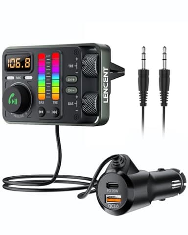 LENCENT Transmisor FM Bluetooth 5.3, Adaptador Bluetooth Coche con Carga Rápida PD 20W & QC18W, Cargador de Coche con Micrófonos Duales para Llamadas Manos Libres, Siri&Google, Memoria USB&3.5mm AUX