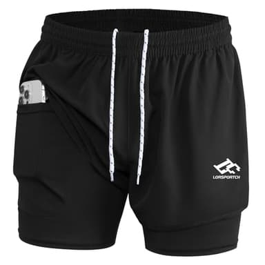 LORSPORTCH Pantalones Cortos de Running 2 en 1 para Hombre Pantalones Cortos de Fitness para Hombre Pantalones Cortos de Entrenamiento para maratón al Aire Libre para Hombre 01 Negro L