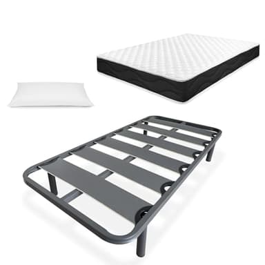 Homey - Cama Completa con Colchón Sleep Pro Reversible + Almohada + Somier de Láminas Reforzado con 4 Patas Cilíndricas Metálicas Roscadas, 90 x 190