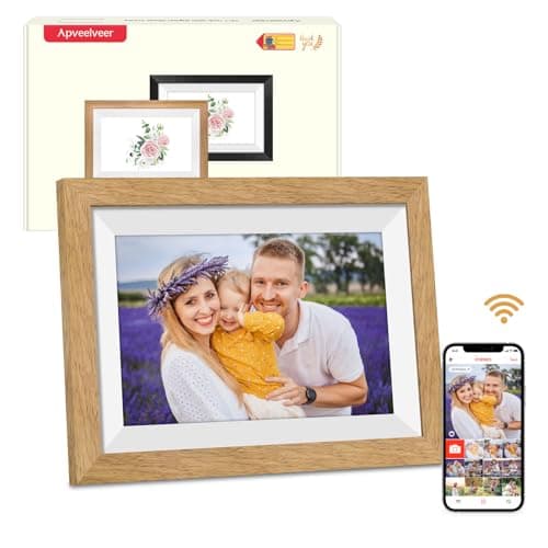 Marco de Fotos Digital WiFi con 32GB Memoria, Marco Digital 10.1" con Pantalla Táctil IPS HD de 1280 * 800, Montaje en Pared, Comparte Fotos/Videos a Través de la Aplicación Frameo, Madera de Roble