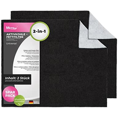 McFilter | 2 filtro de carbón activo + grasa para campana extractora cortable universalmente 57 x 47cm, filtro de carbón activo para campana extractora, filtro de humos