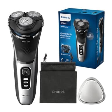 Philips Serie 3000 Afeitadora Eléctrica Hombre, Máquina de Afeitar Barba con Cortapatillas, 27 cuchillas, Cuida la piel, 60min de uso, En Seco y Húmedo, Recargable, Funda, S3241/12, Gris