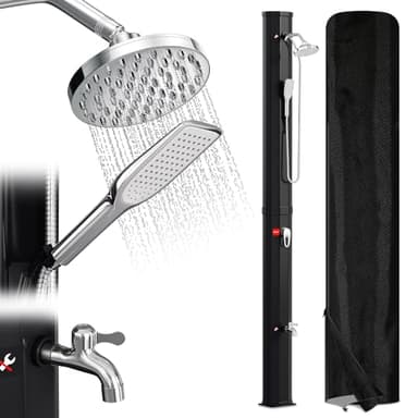 Randaco Ducha solar para jardín, agua caliente hasta 60 °C, sin conexión eléctrica, ducha de piscina, camping con ducha de pies y cabezal de ducha de lluvia giratorio, color negro (40 L)