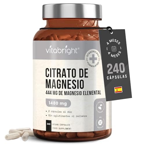 Citrato de Magnesio Cápsulas 240 | 4 Meses 1480mg | Citrato De Magnesio En Polvo Puro Sin Aditivos | Mg Elemental 444mg | Suplemento Quelado en Capsulas (no Pastillas) | VitaBright Magnesium Citrate