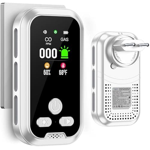 Gedsffati 4in1 Detector Monoxido de Carbono y de Gas Combinación con Batería de Respaldo 2000mAh Pantalla HD [CO Sensor de Humedad de Temperatura de Gas] para el Hotel de Casa (DH11-CG, Blanco)