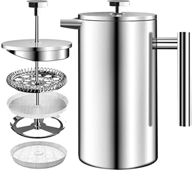 KICHLY Cafetera de prensa francesa de acero inoxidable - Cafetera espresso y tetera con triple filtro - Vidrio resistente al calor con émbolo de acero - 34 oz (1,0 litros) - Plateado