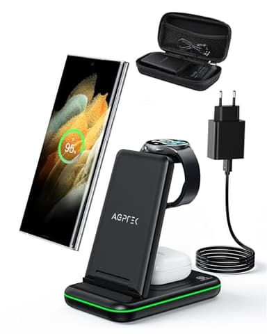 AGPTEK Cargador Inalámbrico 3 en 1 para Samsung, Carga Inalámbrica Rápida de 15W para Samsung S23/22/21/20, Note 20/10/9/8, Serie Z Flip, Serie Z Fold, Galaxy Watch 6/5/4/3, Galaxy Buds 2/+/Pro/Live