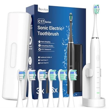 Cepillo de Dientes Eléctrico Sónico para Adultos y Infantil - Cepillo Electrico con 6 Cabezales y Estuche de Viaje, 5 Modos y Temporizador, Cepillos de Dientes, Blanco Brillante