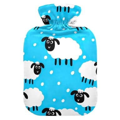 Bonita botella de agua caliente azul de oveja blanca con funda de terciopelo, botellas de calor de agua caliente para calambres menstruales, alivio del dolor, pequeña