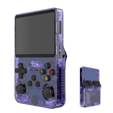 R36S - Consola de mano de videojuegos retro, pantalla IPS de 3,5 pulgadas, reproductor de vídeo, tarjeta TF de 64 GB, más de 10 000 juegos, sistema Linux de código abierto, morado