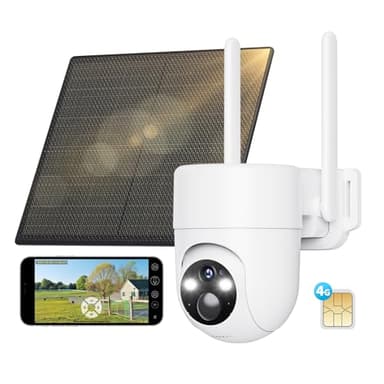 SEHMUA 4G LTE Camara Vigilancia Exterior con Panel Solar, 2K PTZ Camara Vigilancia con Tarjeta Sim, Detección Humana PIR, Visión Nocturna, IP66 Impermeable, PTZ 355°/90°, Audio de Dos Vías