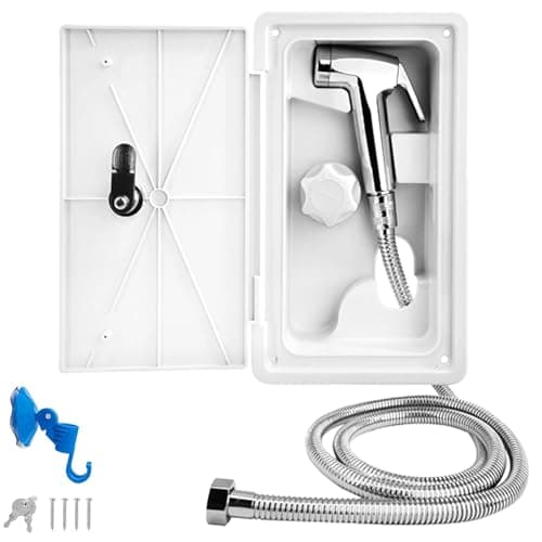 Ducha Camper, Extensible Ducha para Autocaravana, TOOSOAR Blanca Ducha para Camping con Manguera Metálica de 1.5 M, Exterior Botón Unico Ducha para Caravana