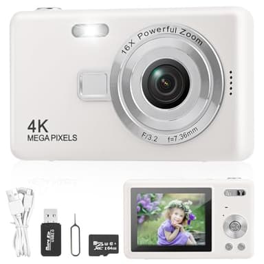 Cámara Digital HD 4K, Camara Digital Compacta con Tarjeta SD de 64 GB, HD 1080P Cámara Compacta 2,4 Pulgadas Portátil Recargable Cámara Fotos con Zoom 8X para Niños, Principiantes, Adulto (Blanco)