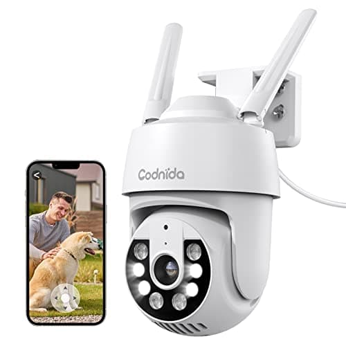 Codnida 2K Camara Vigilancia WiFi Exterior, Camaras Vigilancia Domicilio 2.4Ghz WiFi PTZ 360° Vista con Visión Nocturna en Color,24/7 Grabación Continua,Seguimiento Automático,Alarma de Luz y Sonido,