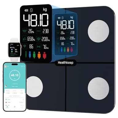 Báscula Grasa Corporal Healthkeep Báscula de Baño, Básculas Inteligentes Digitalescon Función de Frecuencia Cardíaca,15 Datos Corporales,Pantalla VA Extra Grande,Negro