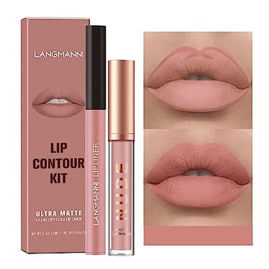 2Pcs Lip Liner y Lipstick Set, Lápiz Labial Natural Kit de Maquillaje de Labios One Step, Pigmento Aterciopelado Nude Lip Stain Impermeable Brillo de Labios de Larga Duración Set de Regalo (#08)