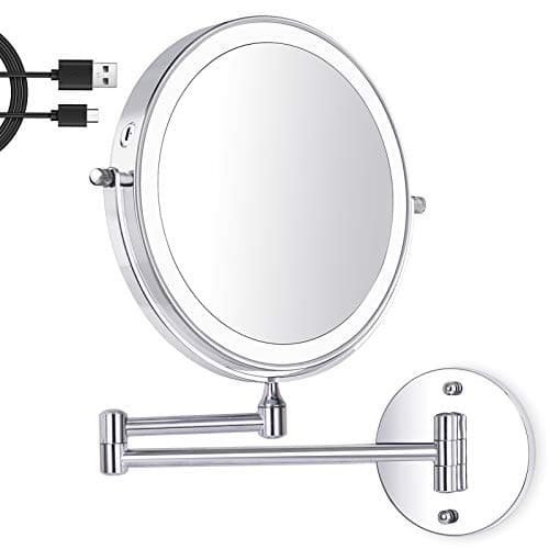 Amelar 8 Pulgad Recargable Espejo Maquillaje con Luz, Aumento 1X/20X Espejo Baño Pared 3 Colores Brillo Regulable, Doble Cara con 360 Rotación Apto para Baño y Hotel