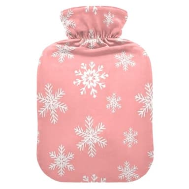Botellas de agua caliente con cubierta suave, calentador de pies, copos de nieve blancos, bolsa de agua caliente rosa para calambres menstruales, tamaño mediano
