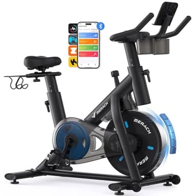 MERACH Bicicleta Estática en Casa, Bicicleta Spinning con Monitor LED, Transmisión Silenciosa por Cinturón y Cómodo Cojín de Asiento, App Propia, Capacidad de 136 kg, Entrenamiento Aeróbico
