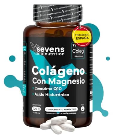 Colágeno con Magnesio Ácido Hialurónico y Coenzima Q10-120 Cápsulas - Colágeno Marino Hidrolizado Puro para Huesos, Articulaciones y Piel - Enriquecido con Vitaminas A, C, D3, B12 y Zinc - Sevens