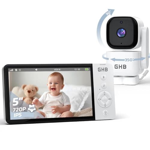 GHB Camara Vigilancia Bebe 5" Rotación de 350° 720P HD IPS Batería de 5000mAh Visión Nocturna Comunicación Bidireccional VOX Zoom Digital indicador de Temperatura