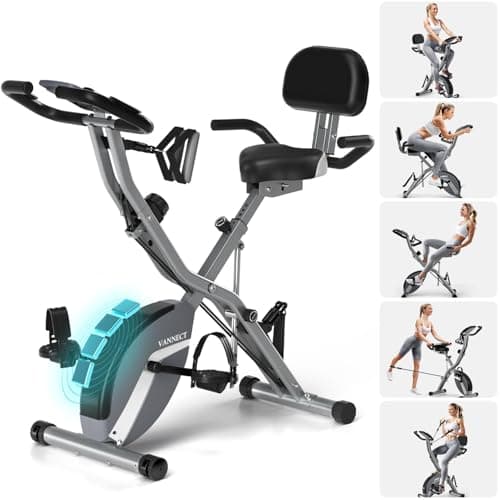 VANNECT Bicicleta Estatica Plegable 5 en 1 con Respaldo y 16 Niveles de Resistencia, Bicicleta Estatica para casa con Banda de Resistencia, Monitor LCD y Medición de Pulso Manual, Capacidad 160 Kg