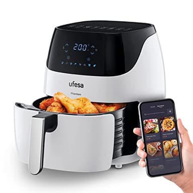 Ufesa AF5100 White Phantom Freidora de Aire sin Aceite con WIFI, 5L, Control Táctil Digital, 8 Programas, 1500W, APP con Recetario, Temperatura y Tiempo Regulable, Cubeta y Bandeja Anti-Adherentes