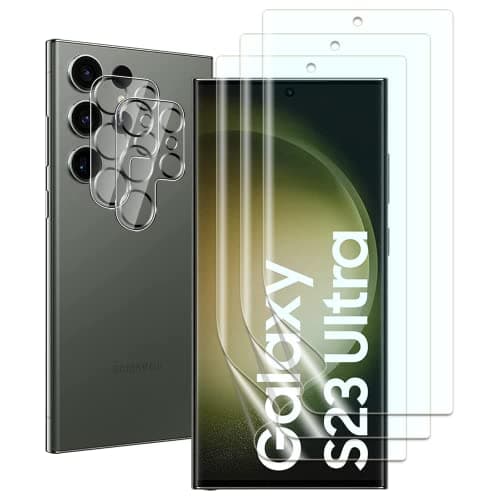 FWang Protector de Pantalla Compatible con Samsung Galaxy S23 Ultra,Soporte Huella Dactilar,Resistente a Arañazos,Libre de Burbujas,HD,3 Películas de TPU y 2 Cámaras de Vidrio Templado