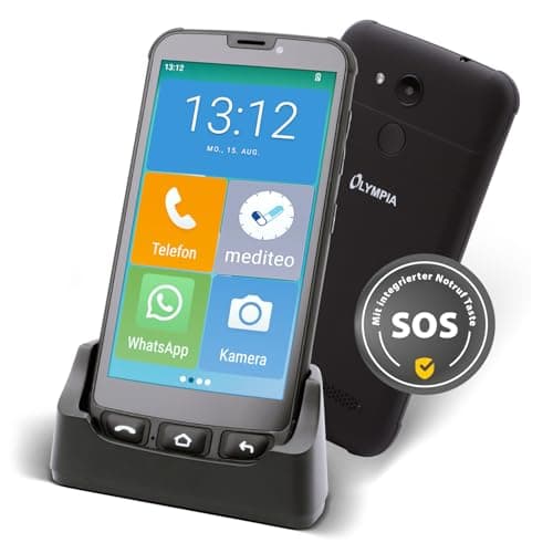 Olympia Neo Mini | Smartphone Senior Pantalla de 5 Pulgadas | Botón de Llamada de Emergencia y audífonos Compatible | Whatsapp & Mediteo preinstalado | Teléfono móvil para Personas Mayores sin