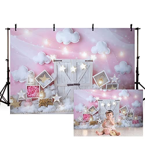 MEHOFOND Fondo de fotografía de 8 x 6 pies Rosa niña cumpleaños Retrato Blanco Nube Estrella luz Puerta de Madera Foto telón de Fondo bebé Ducha Fiesta Banner hogar Pastel Smash decoración